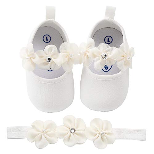 TMEOG Zapatos de Niña con Diadema Regalo Set Bautizo Flor Suave Suela Zapatillas Antideslizantes Zapatos de Princesa