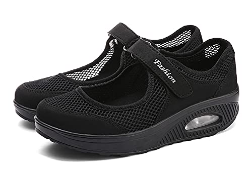 Sandalias para Mujer Malla Merceditas Plataforma Ligero Zapatillas Sneaker Casual Zapatos de Deporte Mocasines Negros Veran 37 EU