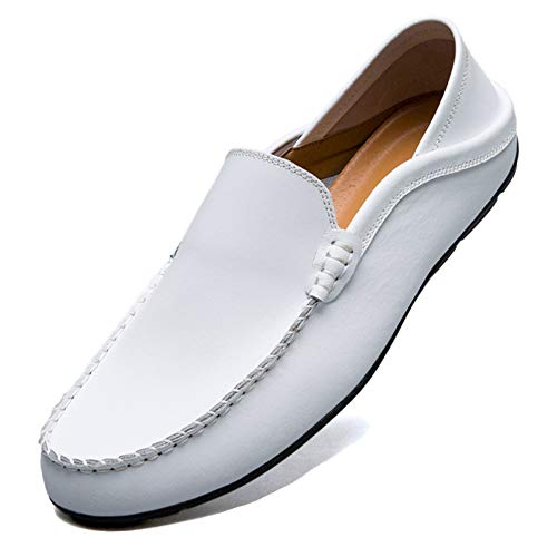 Unitysow Mocasines Hombres Zapatos de Vestir Casuales Holgazanes Slip On Verano Plano Cuero Zapatos de Conducción Zapatillas Blanco 46EU