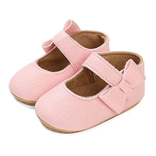 LACOFIA Zapatos Primeros Pasos de Bautizo para Bebé Niñas con Antideslizantes Suela Bailarinas Bebé Rosado 3-6 Meses