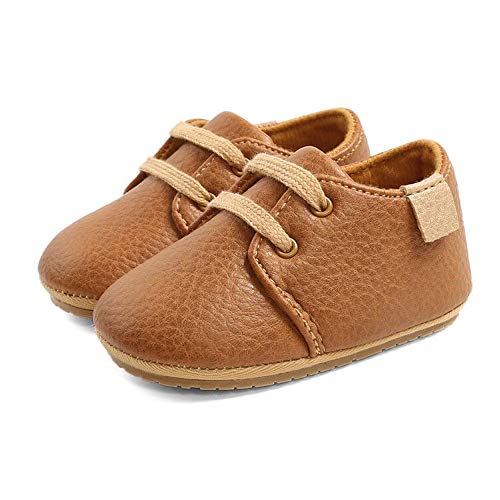 LACOFIA Zapatos Oxford con Cordones para Bebé Niños Zapatillas Primeros Pasos Antideslizantes para Bebés Marrón 6-12 Meses