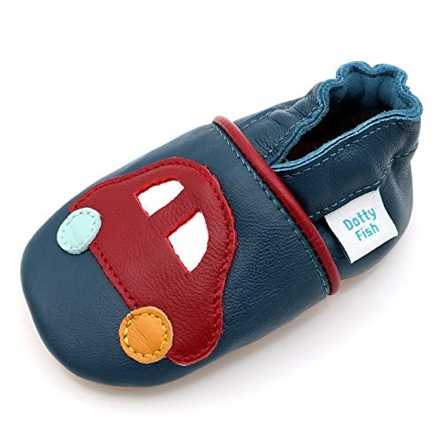 Dotty Fish Zapatos de Cuero Suave para bebés. Antideslizante. Coche Azul Marino y Rojo. 6-12 Meses (19 EU)