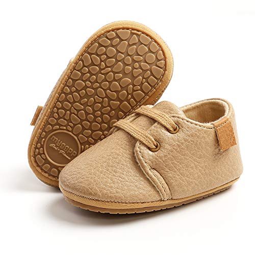RVROVIC Zapatillas de deporte antideslizantes Oxford mocasines pisos para bebés pequeños de cuero PU suela suave zapatos de bebé, 1-khaki, 6-12 Meses