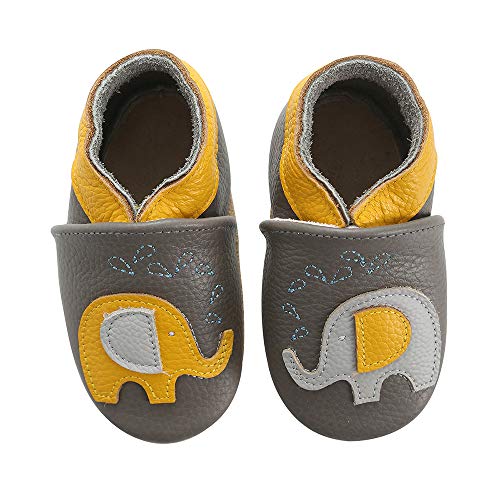 koshine Zapatos de cuero suave para gatear, zapatos de bebé para niños, zapatillas de aprendizaje de 0 a 3 años (gris, 18), elefante, 20/21 EU